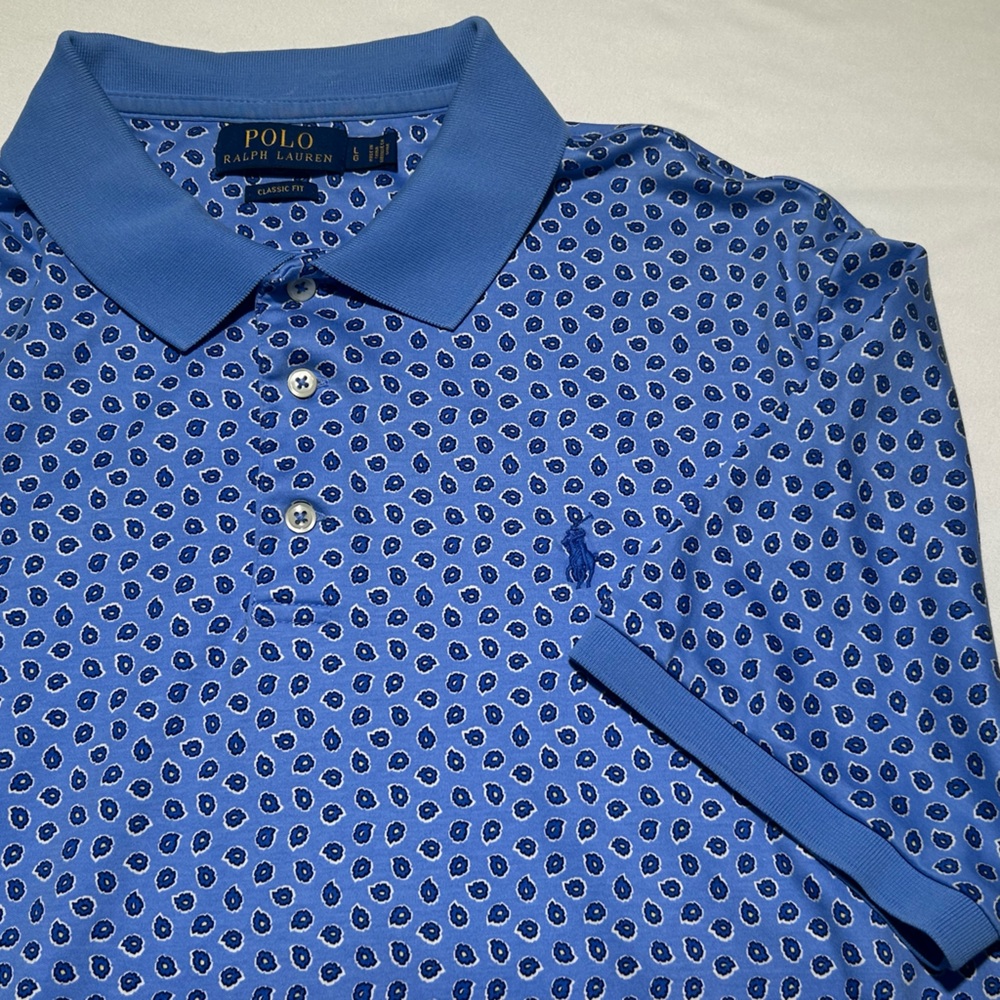 Polo Ralph Lauren Baby Blue Geometric Floral Paisley Men's Polo Large Golf
